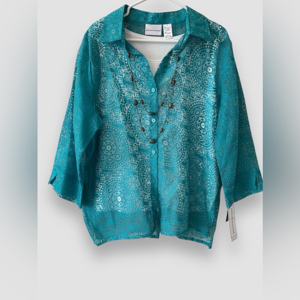 Alfred Dunner Womens Tunic Button Up Top SZ 16 Turquoise Sheer 3/4 Sleeve NWT
